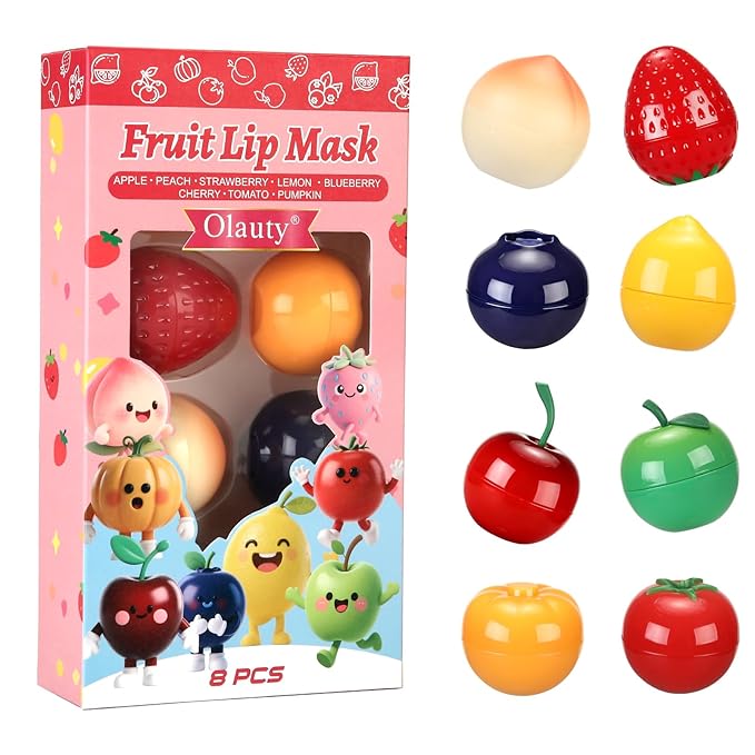 8 PCS Bee Lip Balm Lip Mask Fruit Pot for Teens Girls 10-12,Mini Cherry Lip Balm Moisturizing Strawberry Lip Sleeping Mask Overnight Treatment,Korean lip balm Gifts Set for Lips,Mothers Day Gifts