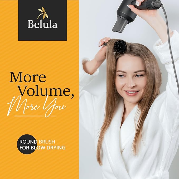 Belula 100% Soft Boar Bristle Round Brush for Blow Drying Set. Round Hair Brush With Small 1.6” Wooden Barrel. Hairbrush Ideal to Add Volume and Body. Free 3 x Hair Clips & Travel Bag.