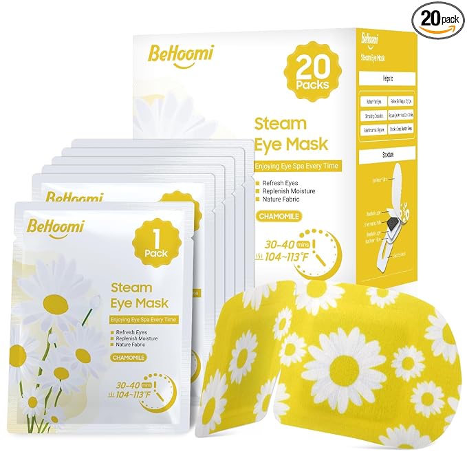 BeHoomi 20Packs Steam Eye Mask, Heated Eye Mask Warm Compress for Eyes, Disposable Self Heating Steam Mask for Sleep, Spa, Travel Essentials, Relaxation Gifts for Women, Mothers Day Gifts (Chamomile)