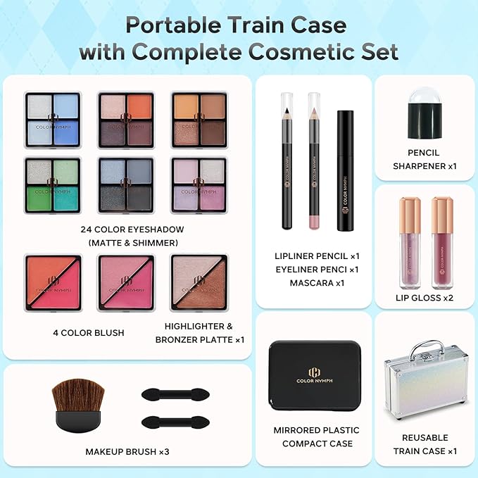 Color Nymph Beginner Makeup Kits For Teens With Train Case Included Full Makeup Kit Eyeshadow Palette Blushes Bronzer Highlighter Lipstick Brushes Mirror (White)