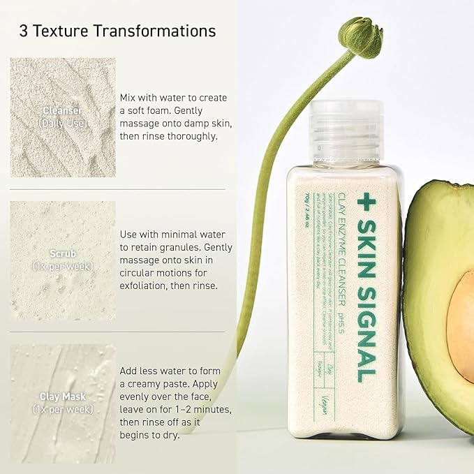 White Clay Enzyme Cleanser, Gentle Exfoliating Face Wash for Sensitive Skin, Deep Pore Facial Cleanser, Powder to Creamy Clay Mask, Korean Skin Care