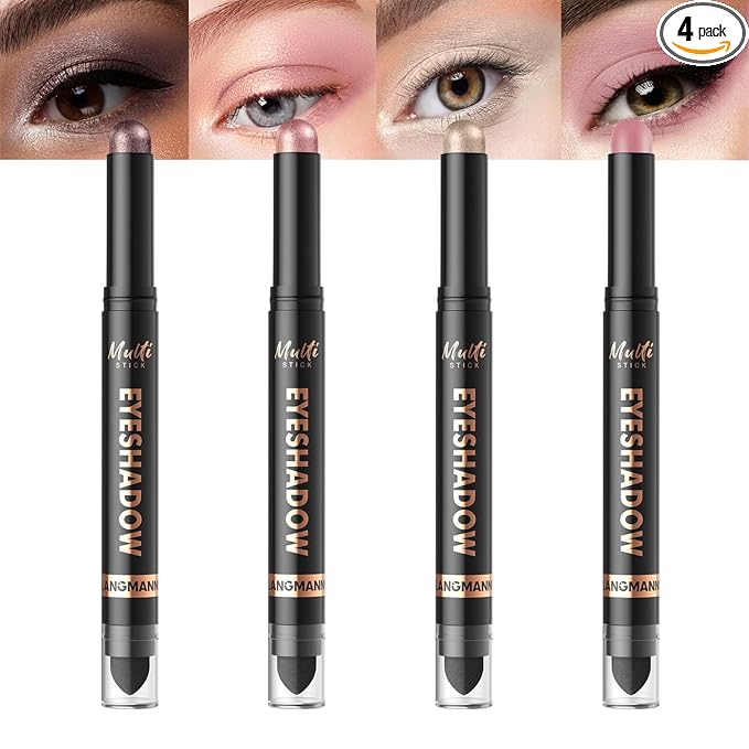 LANGMANNI 4Colors Dual-Ended Cream Eyeshadow Stick Set – Silky Smooth, Waterproof & Transfer-Proof, Built-in Blender Brush, All-Day Matte & Shimmer Wear Eye Makeup(#4+6+7+9)