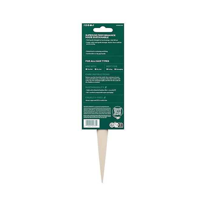 EcoTools Double-Sided Hair Comb, Wide-Tooth & Narrow-Tooth Sides For Detangling & Styling, Sectioning Tip, Bamboo Hair Comb for All Hair Types, Anti-Breakage, Vegan & Cruelty-Free, 1 Count