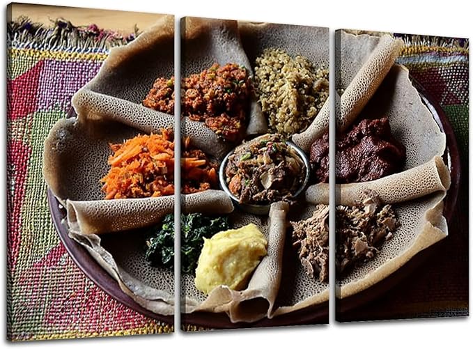 3 Piece Canvas Wall Art Prints Picture traditional ethiopian ethiopian foods pictures Framed Wall Painting Modern Artwork Poster Home Decor for Living Room Office Ready to Hang