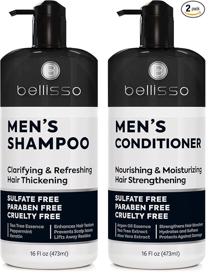 Mens Shampoo and Conditioner Set - Sulfate Free and Clarifying - For Men with Oily to Normal Hair - Moisturizing and Thickening - Biotin, Keratin, Tea Tree Oil, Caffeine and Peppermint for Dandruff