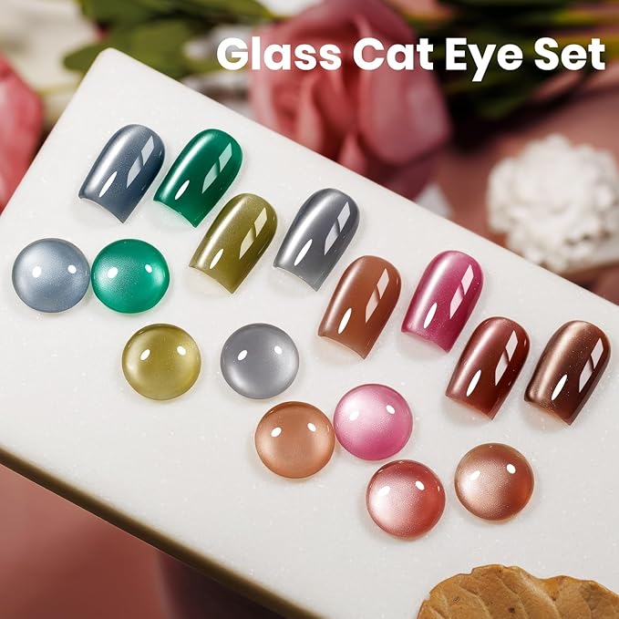 MIZHSE Cat Eye Gel Nail Polish Set: 8 Colors Moonlight Magnetic Gel Polish with Magnet Stick, Glass Holographic Shimmer Gray Brown Pink Colors Glitter Nail Gel Soak Off Nail Art Salon DIY Gift