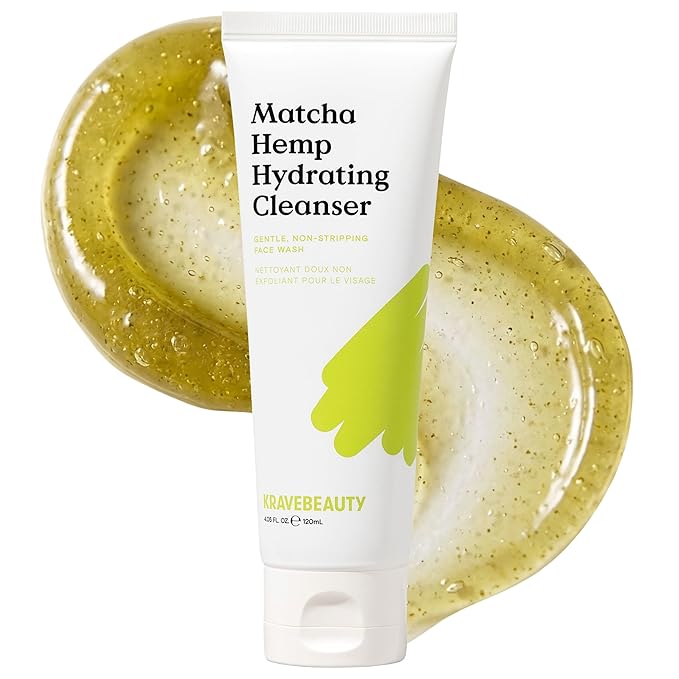 KraveBeauty Matcha Hemp Hydrating Cleanser for Dry or Sensitive Skin, Gentle, Non-Stripping Face Wash with Matcha, Hemp Seed Oil & Glycerin, Fragrance Free, 120ml