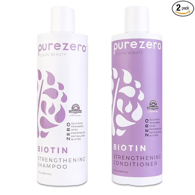 Purezero Biotin Shampoo & Conditioner Set - Anti Thinning Formula - Volumizing, Thicker, Fuller Hair - Zero Sulfates, Parabens, Dyes, Gluten - 100% Vegan & Cruelty Free (12 Fl Oz (Pack of 2))