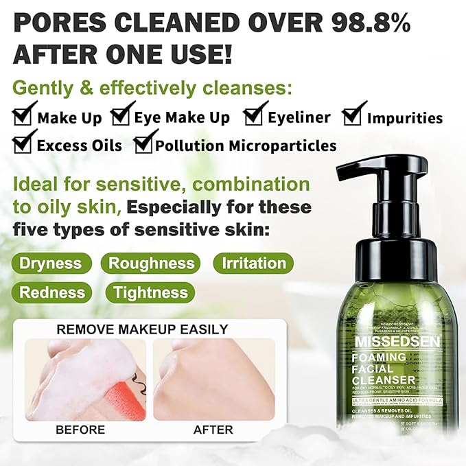 Mens Face Wash Foaming Cleanser for Men Vitamin B5 Deep Pore Cleansing for Acne, Oily, Sensitive, all Skin Types Soap-Free Fragrance-Free Colorant-Free Gentle Daily Face Wash 10 oz