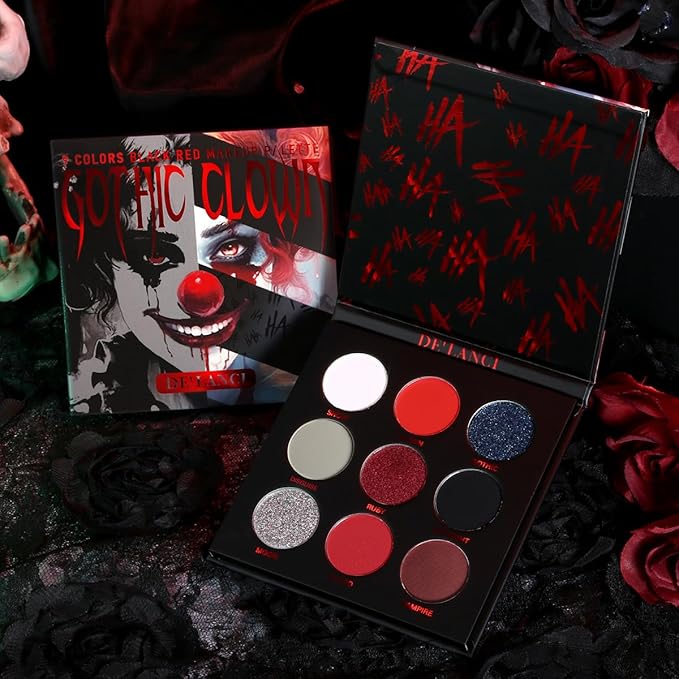 Red Goth Eyeshadow Palette - 9 Colors True Hot Red Black Eye Shadows | Halloween Glitters Makeup | Matte Shimmer High Pigmentation | Clown Vampire SFX Halloween Christmas Palette