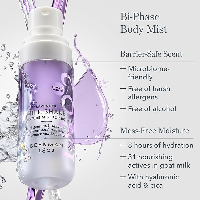 Beekman 1802 Milk Shake Hydrating Body Mist – Alcohol-Free Moisture with Goat Milk, Hyaluronic Acid & Squalane, Lightweight Skin Softening Spray for Sensitive Skin – Lavender, 2 Fl Oz