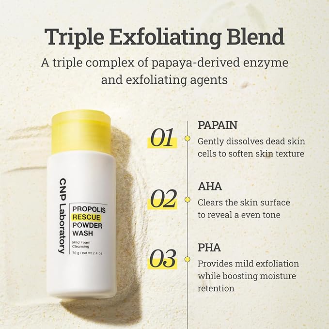 CNP Propolis Rescue Powder Wash, Exfoliating Face Wash with AHA & PHA, for Dry, Sensitive Skin, Dermatologically Tested, 2.4 oz.