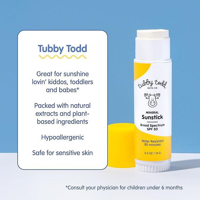 TUBBY TODD Mineral Sunstick - Broad Spectrum SPF 30 Sunscreen for Kids - Water-Resistant Stick Sunscreen for Body & Face - Safe for Sensitive Skin - 1 Pack, 0.5 oz