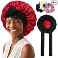 Reversible Satin Bonnet for Women With 3PCS Hair Scrunchies Tie Band - Large 2 Layered Silk Sleeping Cap Nightcap (Black/Red)