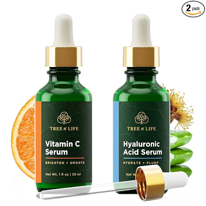 Tree of Life Beauty Facial Skin Care Set, Brightening, Firming, Hydrating, Dry Face, Dermatologist Tested - Vitamin C and Hyaluronic Acid Facial Serum - Skin Care Kit, 2 count of 1 Fl Oz