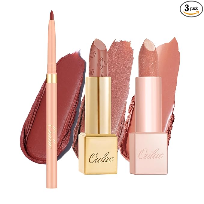 Oulac Lipstick & Lipliner Set 3PCS High Impact Lipcolor with Moisturizing Formula, Vegan Beauty, Full-Coverage Lip Color, Gift Lipstick for Women, LL06+GM03+PG07