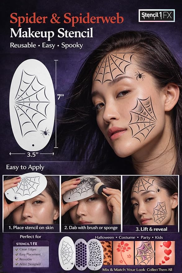 Stencil1FX - Spiderweb and Spider Eye Makeup Stencil for Costumes, Dress Up, Halloween, Cosplay, Face Painting, Raves, Festivals, Parades, Parties, Witches, Vampires