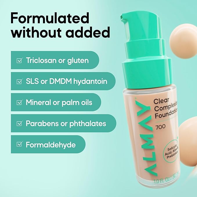 Almay Clear Complexion Foundation, Oil-Free Face Makeup for Acne-Prone Skin, Buildable Coverage, Soft-Matte Finish, Vegan, 910, 1 fl oz