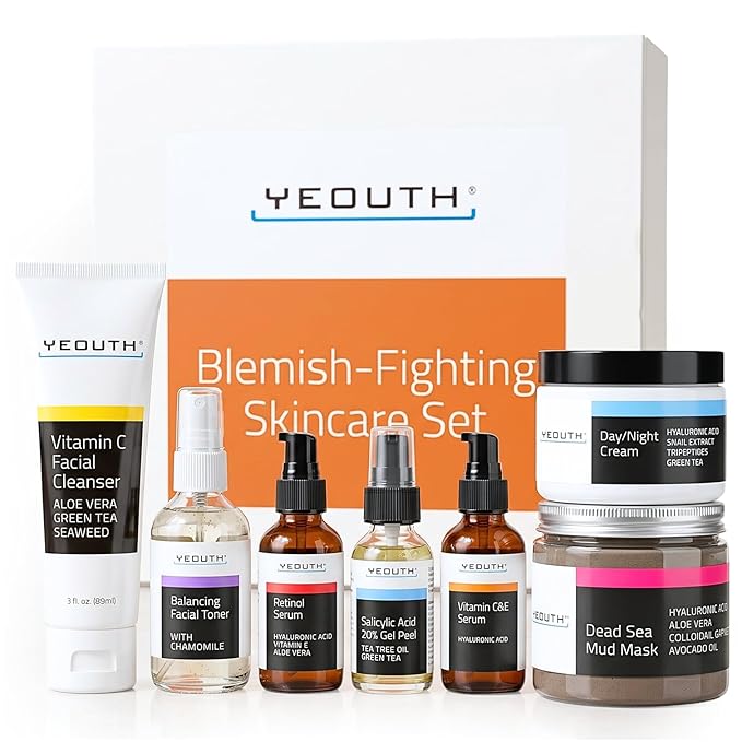 YEOUTH Skin Care Set: Vitamin C Face Wash, Toner, Vitamin C & Retinol Serum, Face Cream, Peel & Mask 7- Piece Skincare Gift Set for Teens, Women & Men