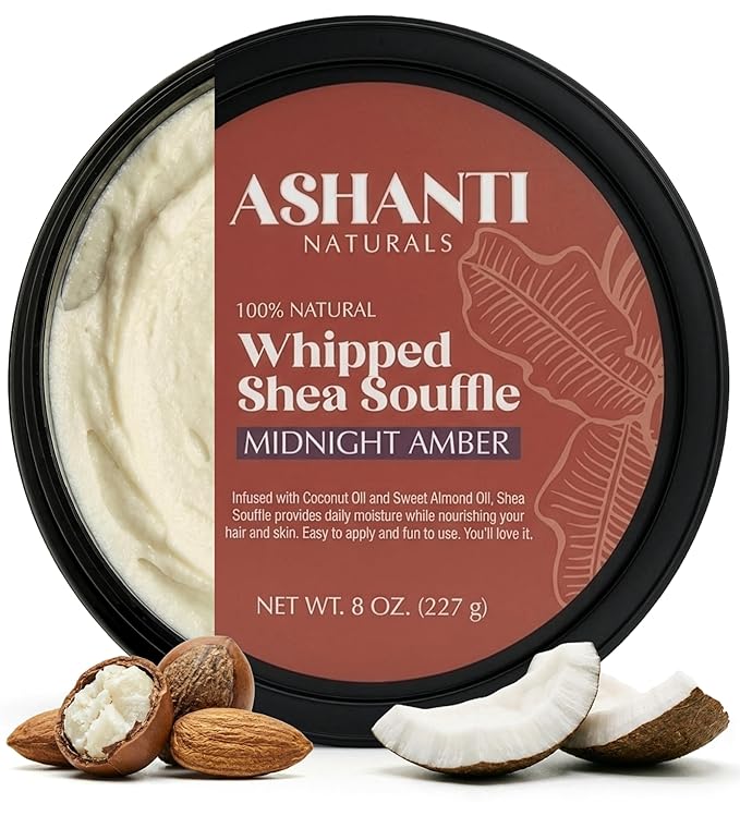 Ashanti Naturals Scented Whipped Shea Butter | African Body Butter for Men w/Coconut and Almond Oil (Midnight Amber Souffle, 8 oz)