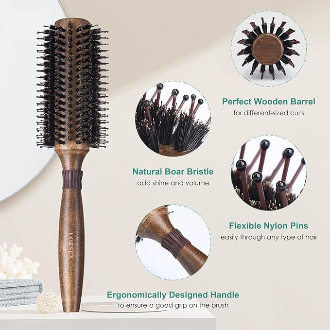 Round Brush for Blow Drying, LORSEX Boar Bristle Hair brush for Women Men, Round Hairbrush for Add Shine/Volume, Minimize Damage (2.4Inch)