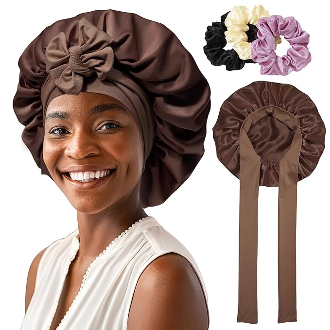 AWAYTR Satin Bonnet for Women, 2-Layer Large Sleep Cap with Adjustable Drawstring, Brown Includes 3 Hair Scrunchies