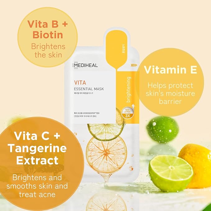 Mediheal Best Korean Sheet Mask - Vita Essential Face Mask 4 Sheets Vitamin Mask For All skin types Smoothing Tightening Toning up Brightening