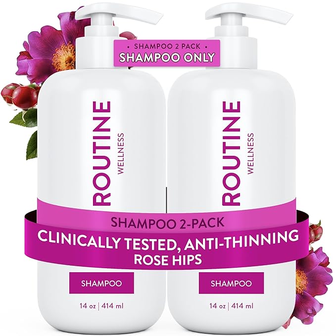 Routine Wellness Anti-Thinning Shampoo for Thinning Hair - Biotin DHT Blocker Women & Men - Color Safe Shampoo for Hair Loss & Healthy Hair - Rose Hips 14oz (Pack of 2)