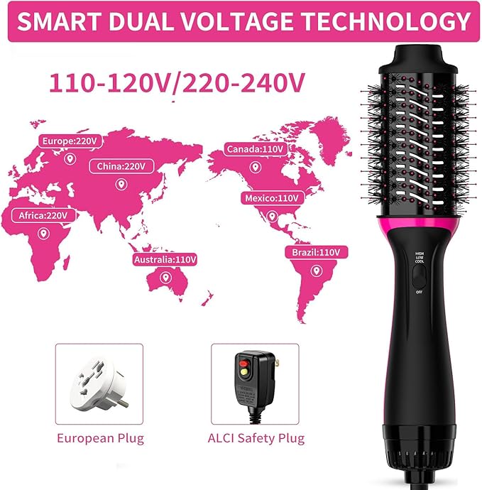 Dual Voltage Hair Dryer Brush for European Travel, Plus 2.0 Blow Dryer Brush with European Plug 110V-120V/220V-240V One Step Hair Dryer and Styler Volumizer with Negative Ion Anti-frizz Styling Brush