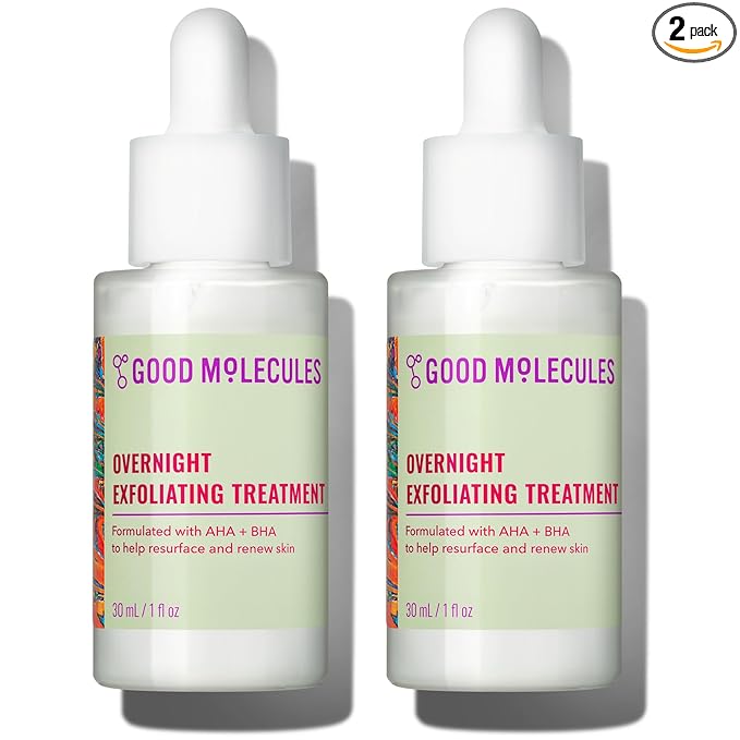 Good Molecules Overnight Exfoliating Treatment Pack 2 – 1 fl oz / 30 ml Each | Lightweight Face Exfoliator with AHA & BHA, Glycolic & Salicylic Acid