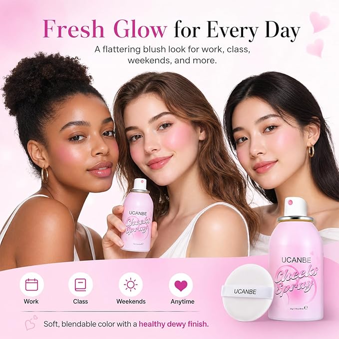 UCANBE Blush Spray with Puff, Hydrating Liquid Blush Mist for Cheeks - Soft Pigmented Buildable Blendable Breathable Blush, Healthy Dewy Glow Finish, Talc-Free, 01 Lavender (1.16 oz)