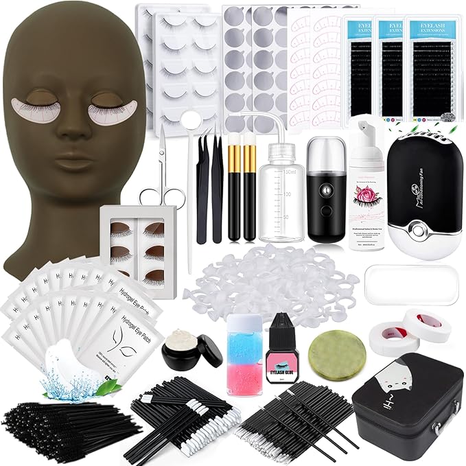 QUKLOGEN Lash Extension Kit Eyelash Practice for Beginners Professional Set with Mannequin Head Removable Eyelids USB Fan Spraye Individual False Lash Eyelash Strips Shampoo Brush Supplies Storage box