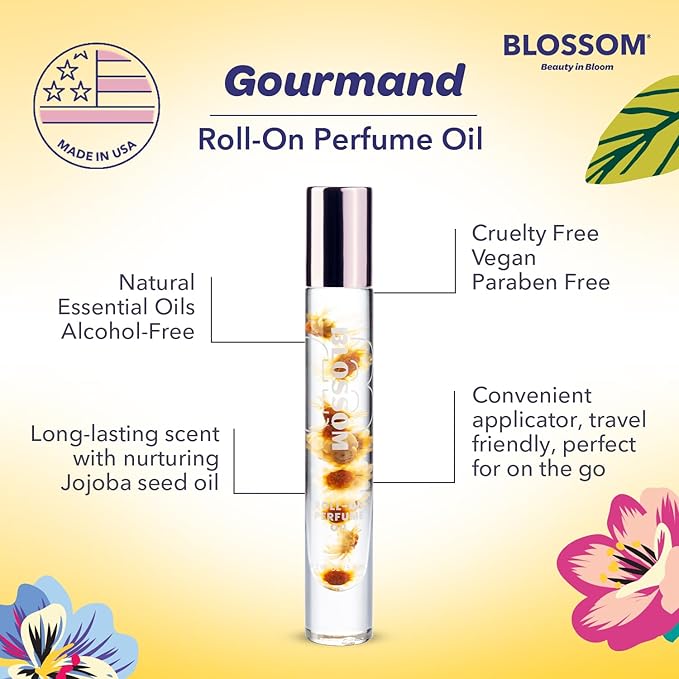 Blossom Roll on Perfume for Women Alcohol Free Gourmand Rollerball Perfume Oil with Essential Oils, Infused with Real Flowers, Made in USA, 0.20oz, (Vanilla, Caramel, Nutmeg) Almond Biscotti