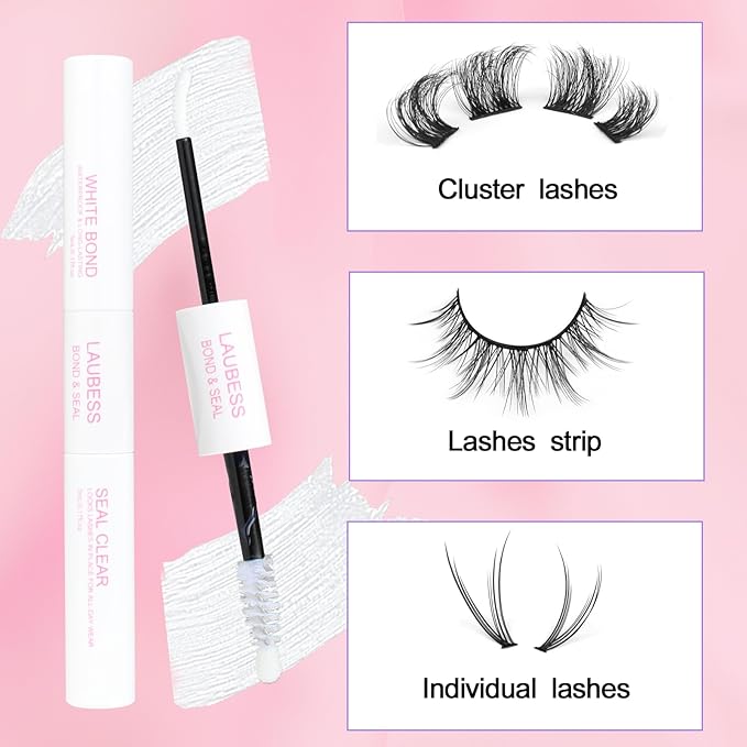 Lash Glue for Eyelash Clusters LAUBESS 2 in 1 Lash Bond and Seal Waterproof Lash Cluster Glue 10ml Adhesive Eyelash Glue Home Use Strong Hold 72H
