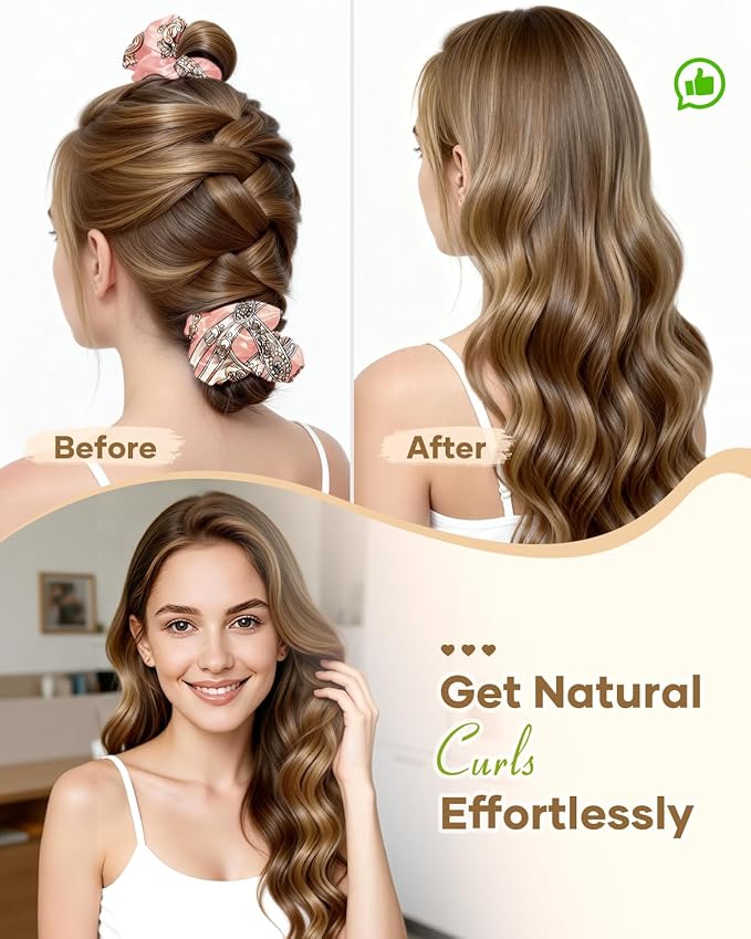 BONNET QUEEN Satin Heatless Hair Curler, Overnight Curls for Long Hair, Ultra Soft Daily Use of Hair Accessories & 2 Scrunchies, Damage-Free Styling, Soft Hair Curlers for Overnight, Pink Print