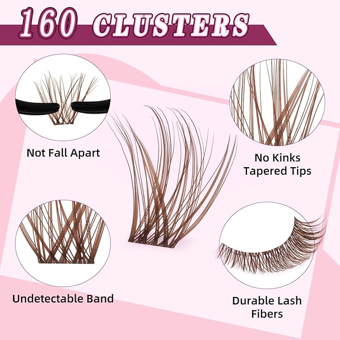 Brown Lash Clusters Natural Lash Extensions Wispy Eyelash Clusters 160pcs D Curl Left&Right Cluster Eyelashes Extensions Individual Cluster Lashes (U16 Lash Only)