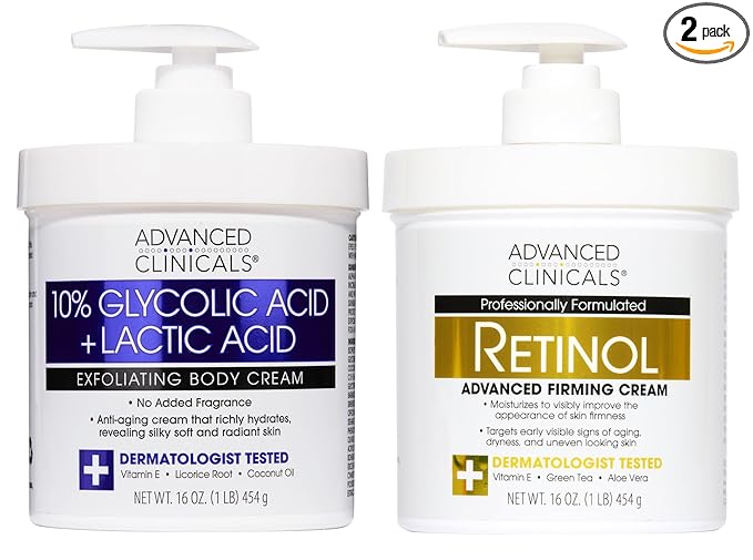 Advanced Clinicals Retinol Body Cream Moisturizer + Exfoliating 10% Glycolic Acid & Lactic Acid Lotion 2PC Skincare Set For Women & Men To Reduce Appearance Of Crepey Skin & Uneven Rough Skin Texture