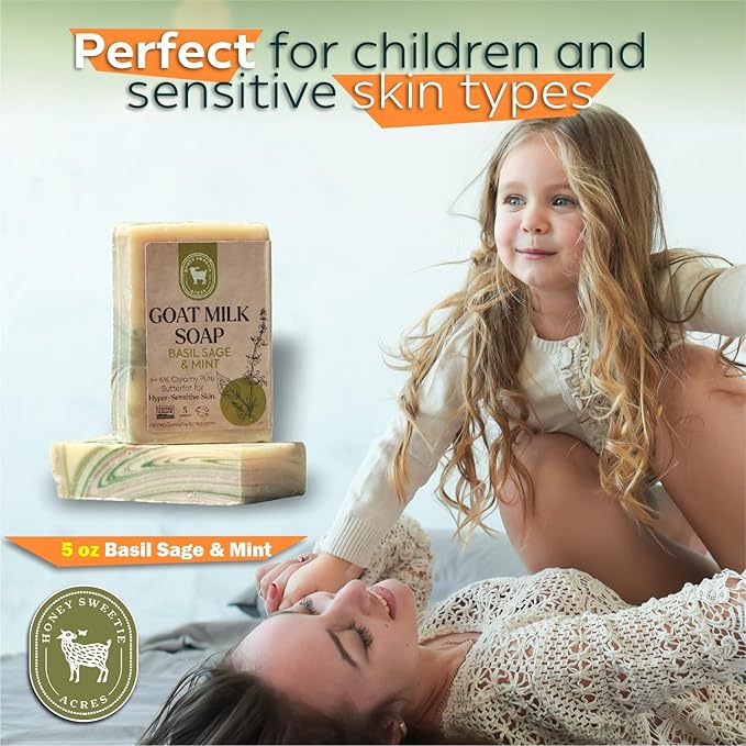 Honey Sweetie Acres Basil, Sage & MInt Goat Milk Soap - Handmade 5 oz Bar, Made with Natural Ingredients, Moisturizing & Gentle, Made in the USA