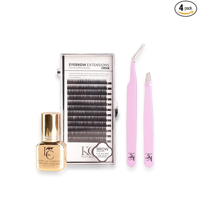 Lash Eyebrow Extensions Kit with 1 x Trays of Mink False Eyebrows in Black Comes on Mixed Length Trays 5-8 mm, Eyebrow Glue Clear & Dual Pack (Straight & Curved Tip) Extension Tweezers