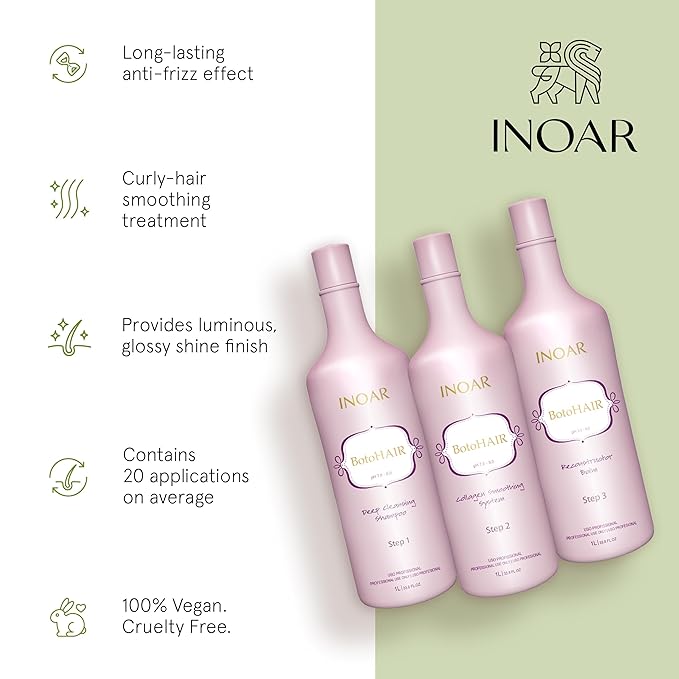 Inoar BotoHair Collagen Smoothing System with Keratin, Deep Cleansing Shampoo, Collagen Smoothing System & Reconstructor Balm, 33.8 fl oz Each