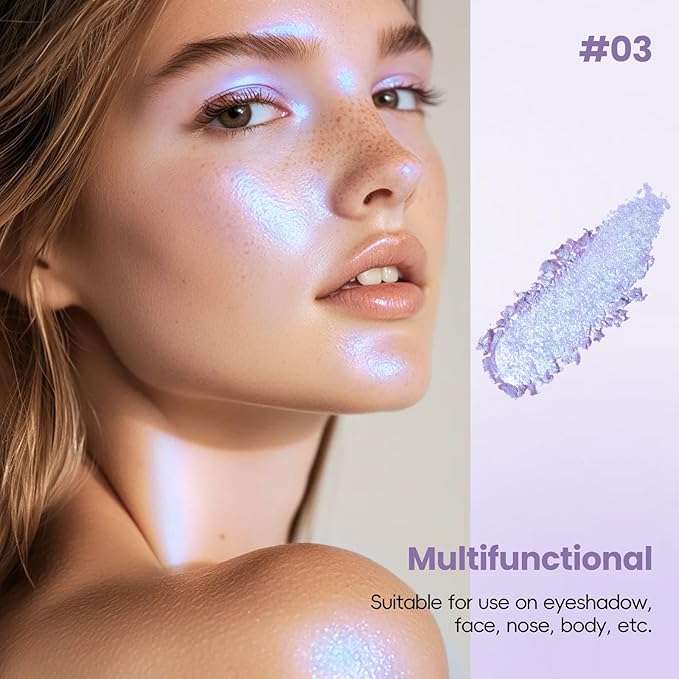 HOSAILY Holographic Blue Purple Glitter Eyeshadow, Multichrome Shimmer Color Shifting Single Eyeshadow, Chameleon Metallic Iridescent Eye Shadow Palette Bouncy Texture Fairy Highlighter Makeup #3
