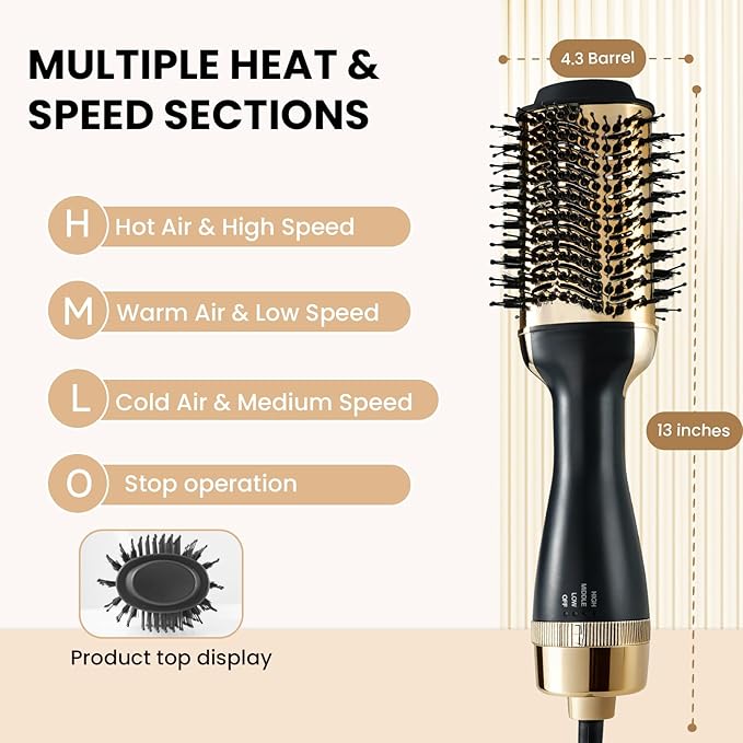 4-in-1 Hair Dryer Brush, Ionic Ceramic Titanium Hot Air Styler with ALCI Safety Plug, 3 Heat Settings for Frizz-Free Blowouts, Salon Volumizer and Straightener (Gold)
