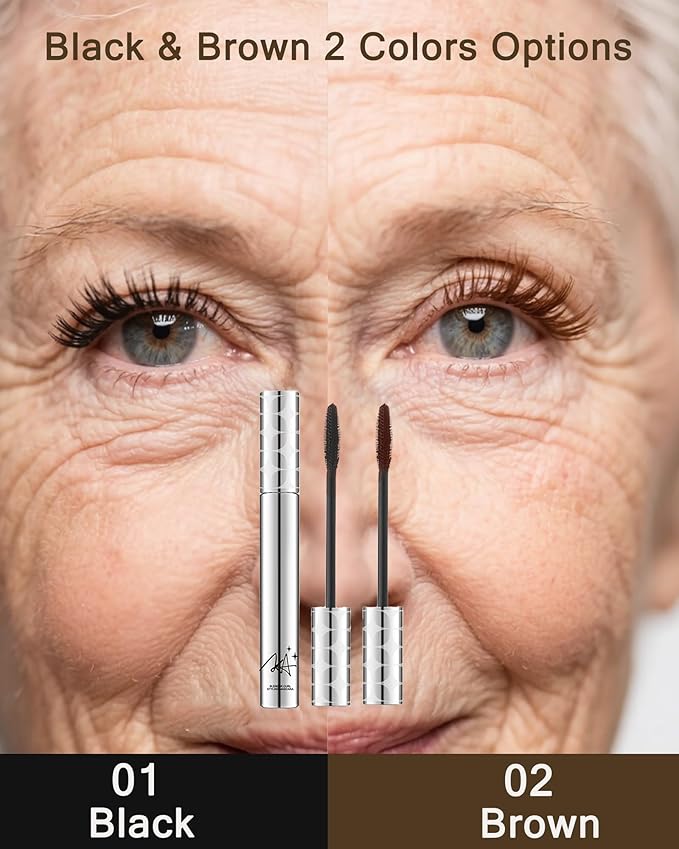 Mascara for Older Women 60 Plus,Black Brown Prime Waterproof Length and Volume Lash Mascara for Seniors,Hypoallergenic Volumizing Máscara with Thinning Lashes,Long Lasting No Clumps for Sensitive Eyes