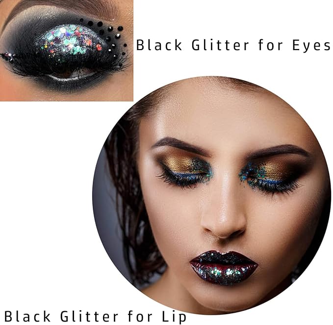 MEICOLY Black Glitter, Professional Body Paint, Holographic Mermaid Sequins Eye Glitter for Halloween Cosplay SFX Makeup, Self-Adhesive Chunky Face Gel for Women and Kids