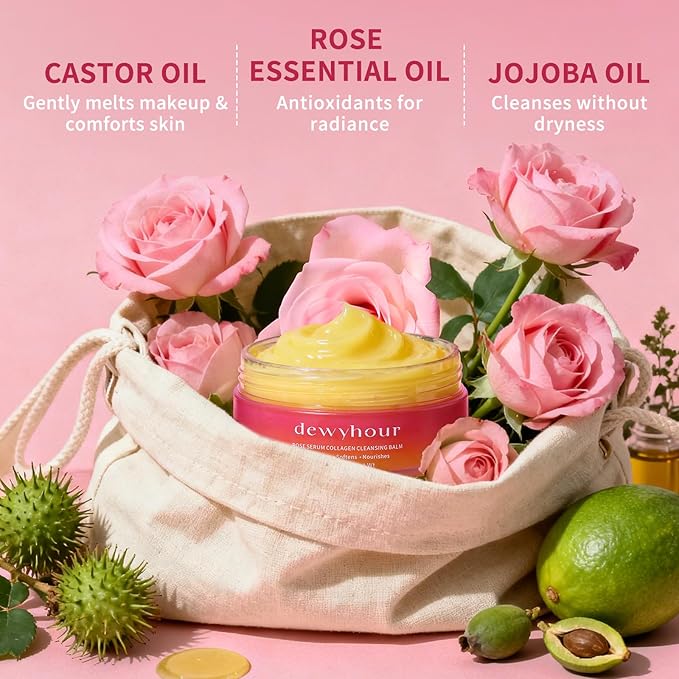 dewyhour Rose Makeup Remover Cleansing Balm – Melting Stubborn Waterproof Makeup, Hydrating One-Step Collagen Cleansing Oil & Facial Cleanser for All Skin Types | Vegan Korean Skincare 2.46 oz.