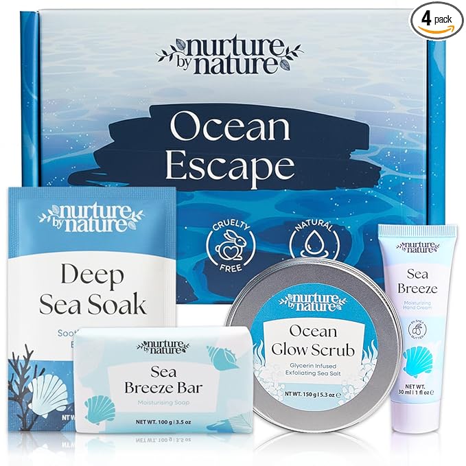 Nurture by Nature Bath Gift Set for Women - Birthday Gifts for Women, 4 Piece Spa Gift with Body Scrub, Bath Salts, Soap, Hand Cream, Self Care Gift for Mother’s Day, Gifts for Her, Gift for Mom