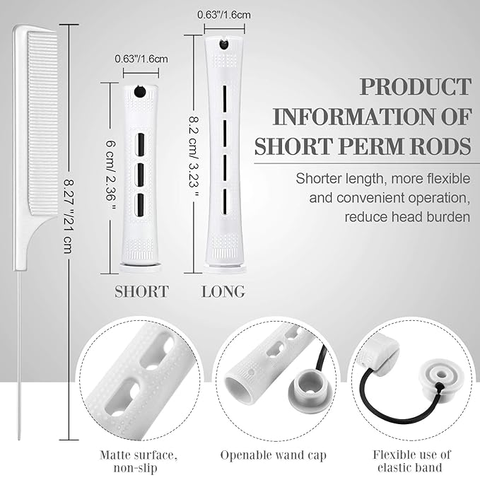 48 Pieces Hair Perm Rods Short Cold Wave Rods Plastic Perming Irons Hair Curling Rollers Curlers with Steel Pintail Comb Rat Tail Comb for Hairdressing Styling Supplies(0.63 Inch,White)