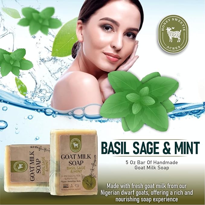Honey Sweetie Acres 2-Pack Basil, Sage & Mint Goat Milk Soap - Handmade 5 oz Bar, Made with Natural Ingredients, Moisturizing & Gentle, Made in the USA
