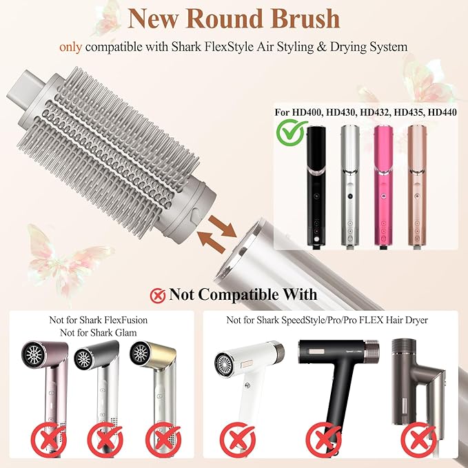 Upgraded Round Volumizing Brush for Shark Flex Style Attachment, Round Brush Compatible with Shark Flexstyle for Smooth Styling Adds Volume Curls(1.5in barrel, 2.6in with Bristles)