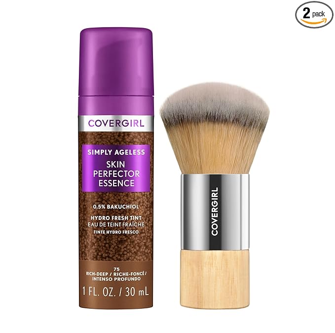 CoverGirl Simply Ageless 75 Rich-Deep Liquid Foundation Bundle with Blending Brush, Lightweight Vegan Formula for Dry Skin, 1oz